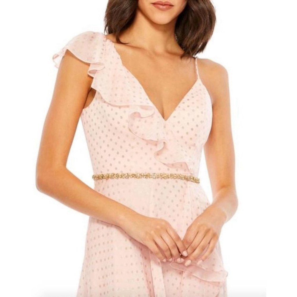 MAC DUGGAL Pink Salmon Polka Dot Asymmetrical Ruffle Formal Maxi Gown Size 8 - Picture 2 of 16